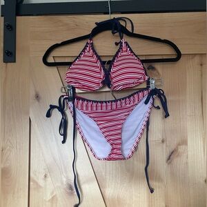 Mossimo Red and White Striped Bikini with Blue Crochet.
